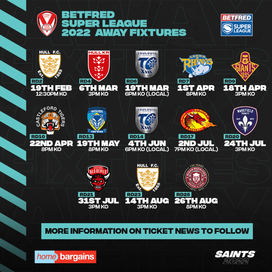 Saints 2022 Betfred Super League fixtures revealed! St.Helens R.F.C.