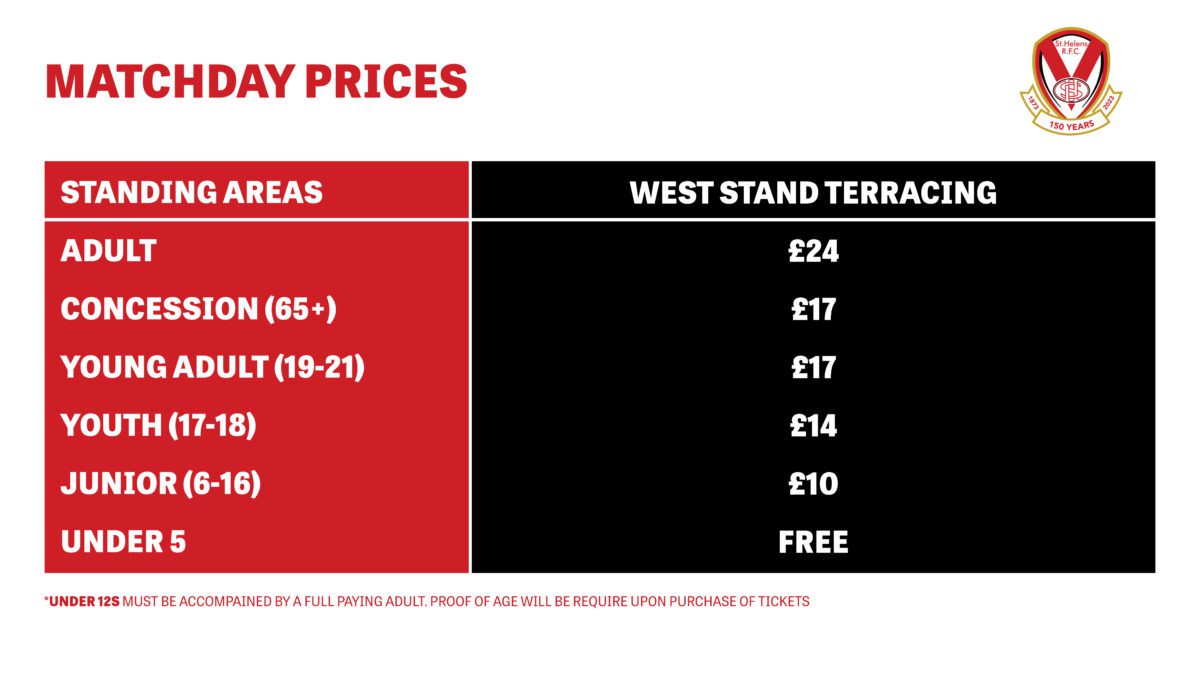 Match Prices for Standing Areas of the Totally Wicked Stadium