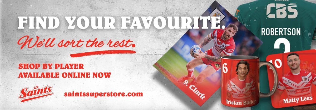 Shop by player graphic showing a selection of personalised items including a poster, mug, coaster and away kit shirt